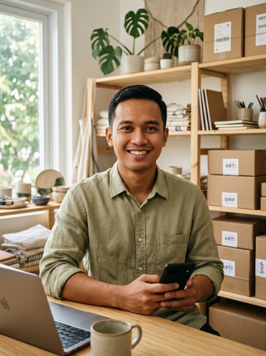 Pengusaha lokal Indonesia menyiapkan dan mengelola toko online BukaPeluang